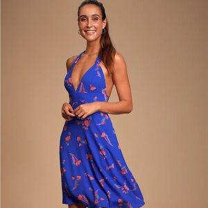 Blue Floral Print Halter Dress